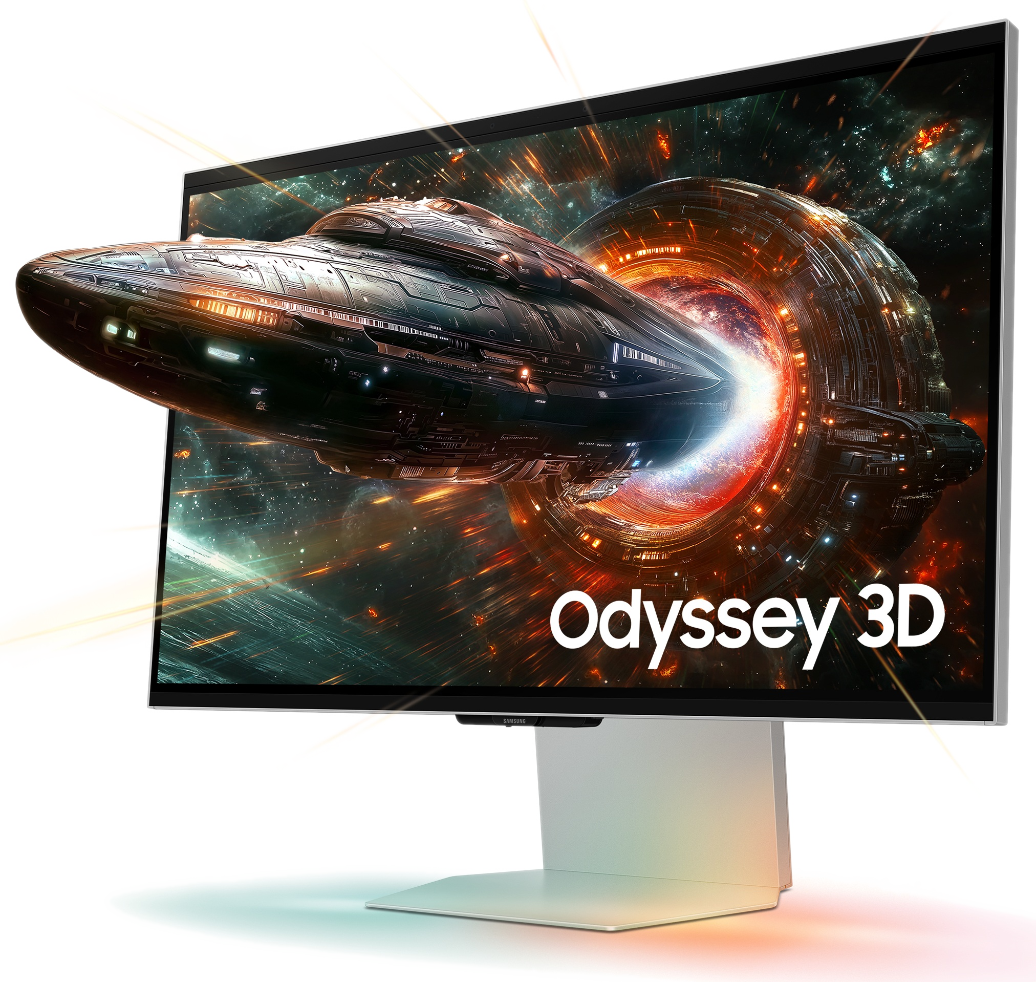 Monitor 3D wyświetla statek kosmiczny wchodzący do wiru. Widoczny tekst 'Odyssey 3D'.