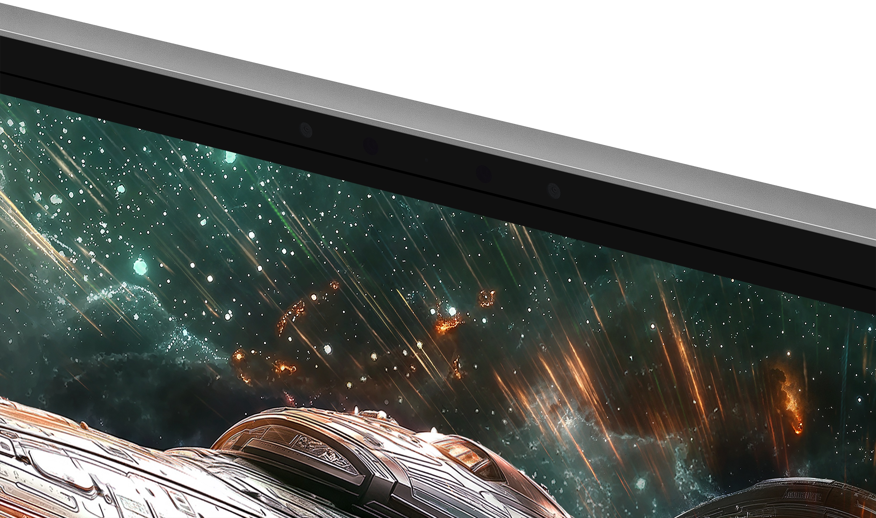 Zbliżenie ekranu laptopa pokazujące scenę kosmiczną.