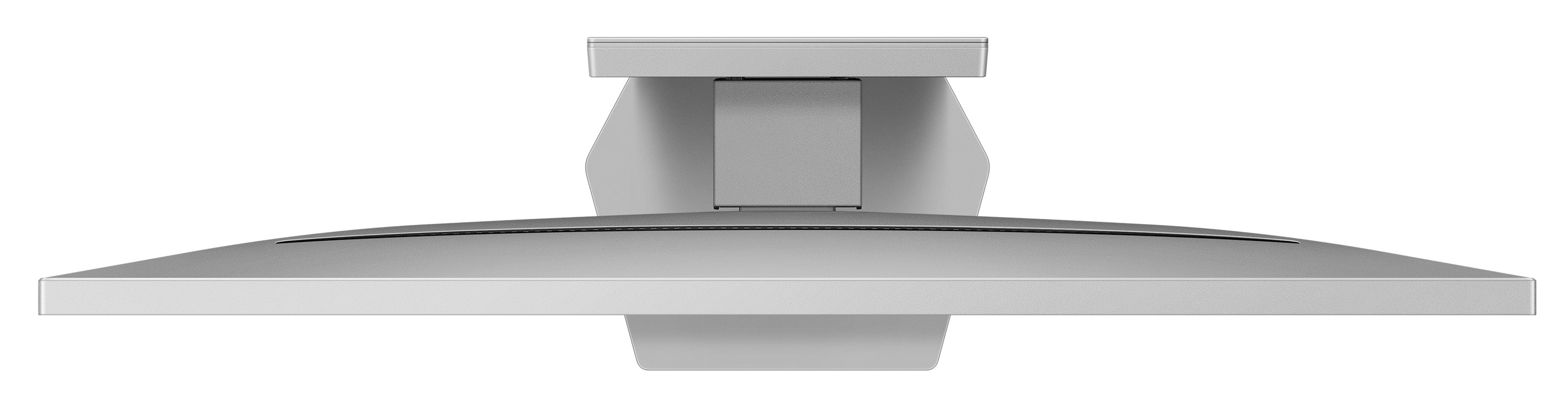 Widok z góry na jasnoszary monitor komputera z zakrzywionym ekranem i podstawką.