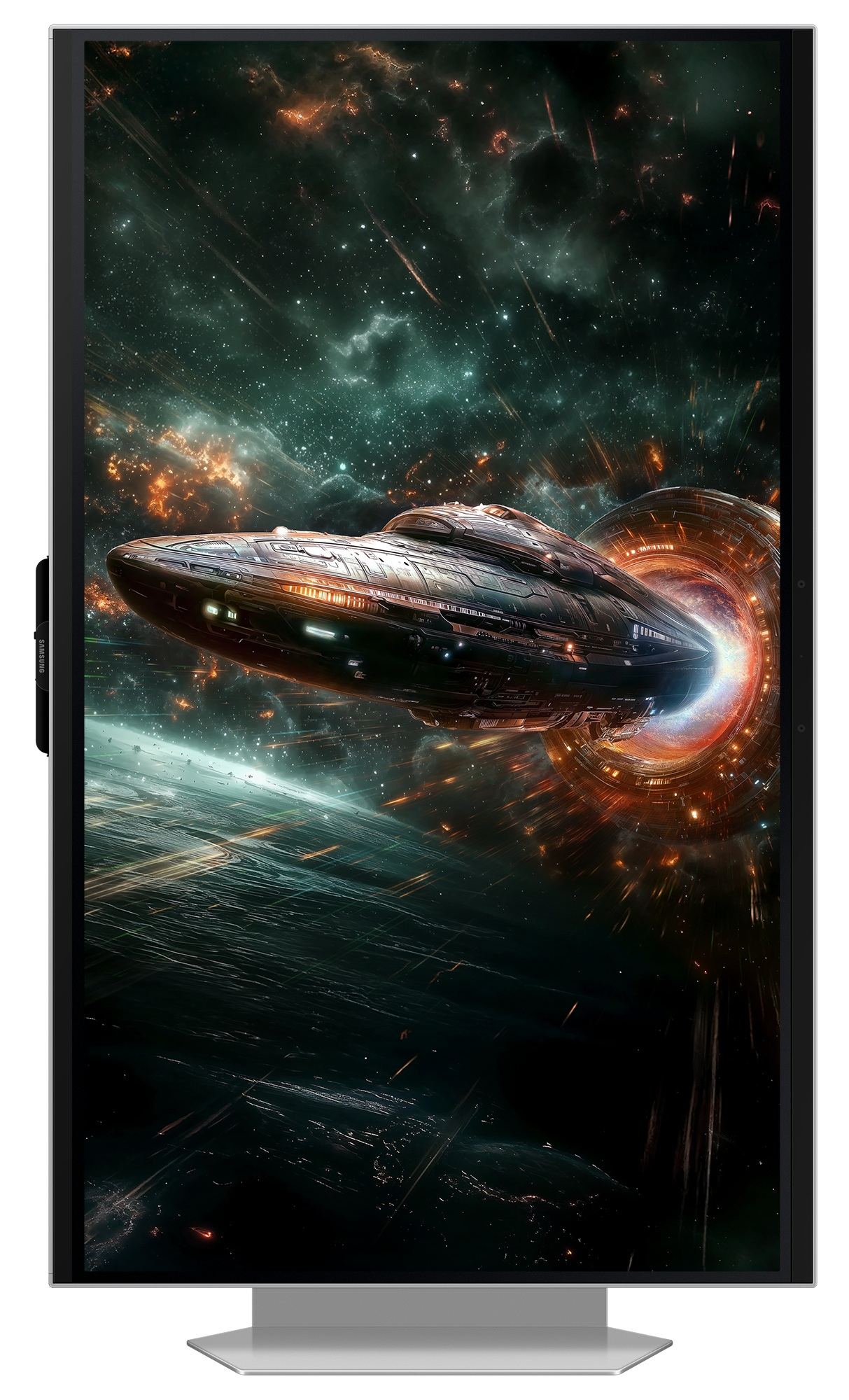 Monitor wyświetlający statek kosmiczny wyłaniający się z portalu w scenie kosmicznej.