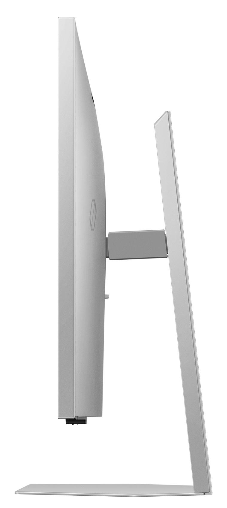 Widok z boku srebrnego monitora ze stojakiem.