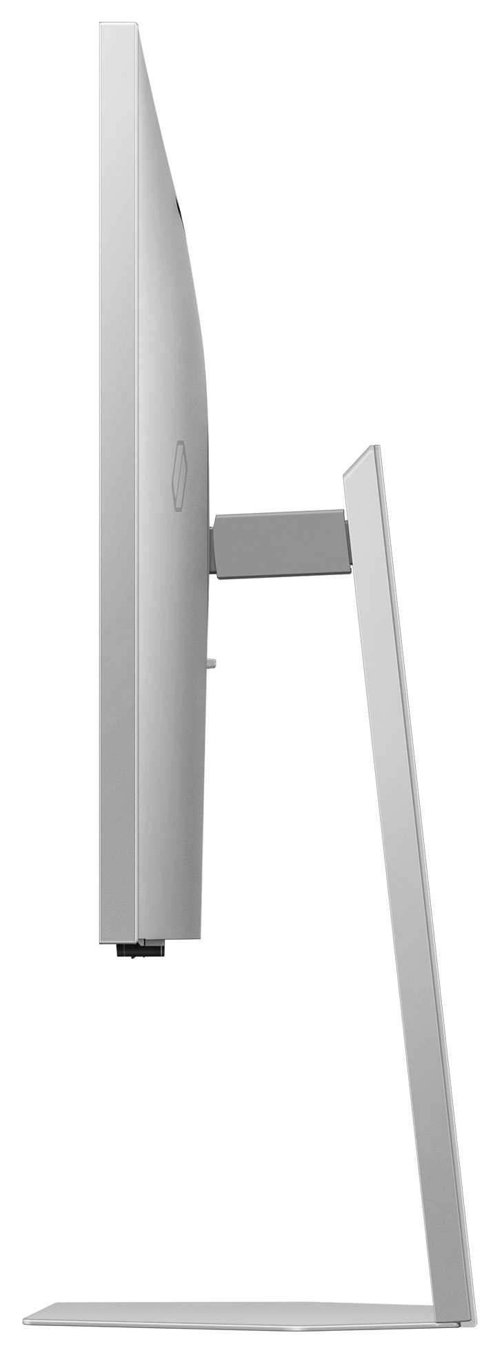 Widok z boku na jasnoszary monitor komputera z zakrzywionym ekranem i podstawką.