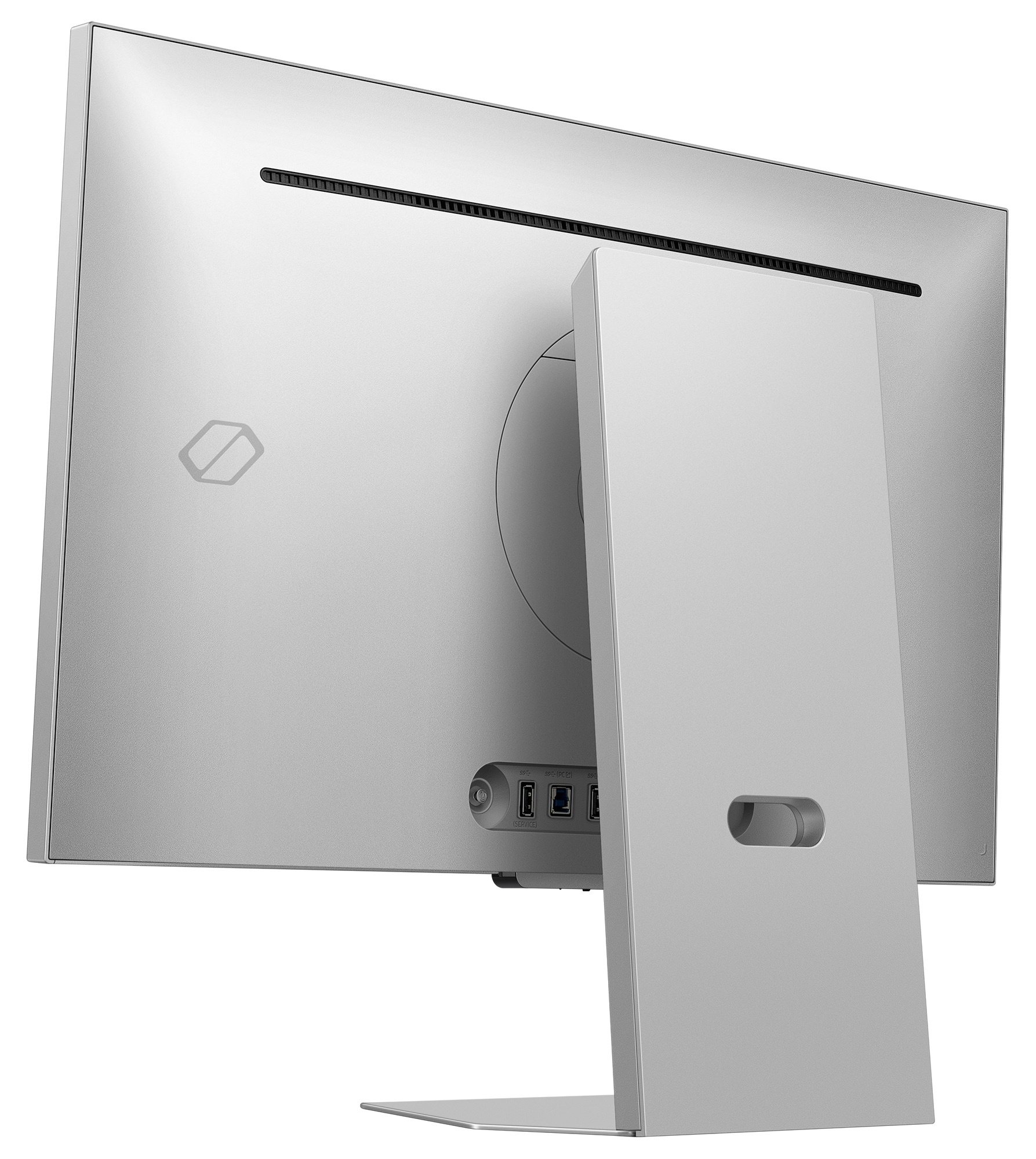 Tył srebrnego monitora komputera ze stojakiem i portami.