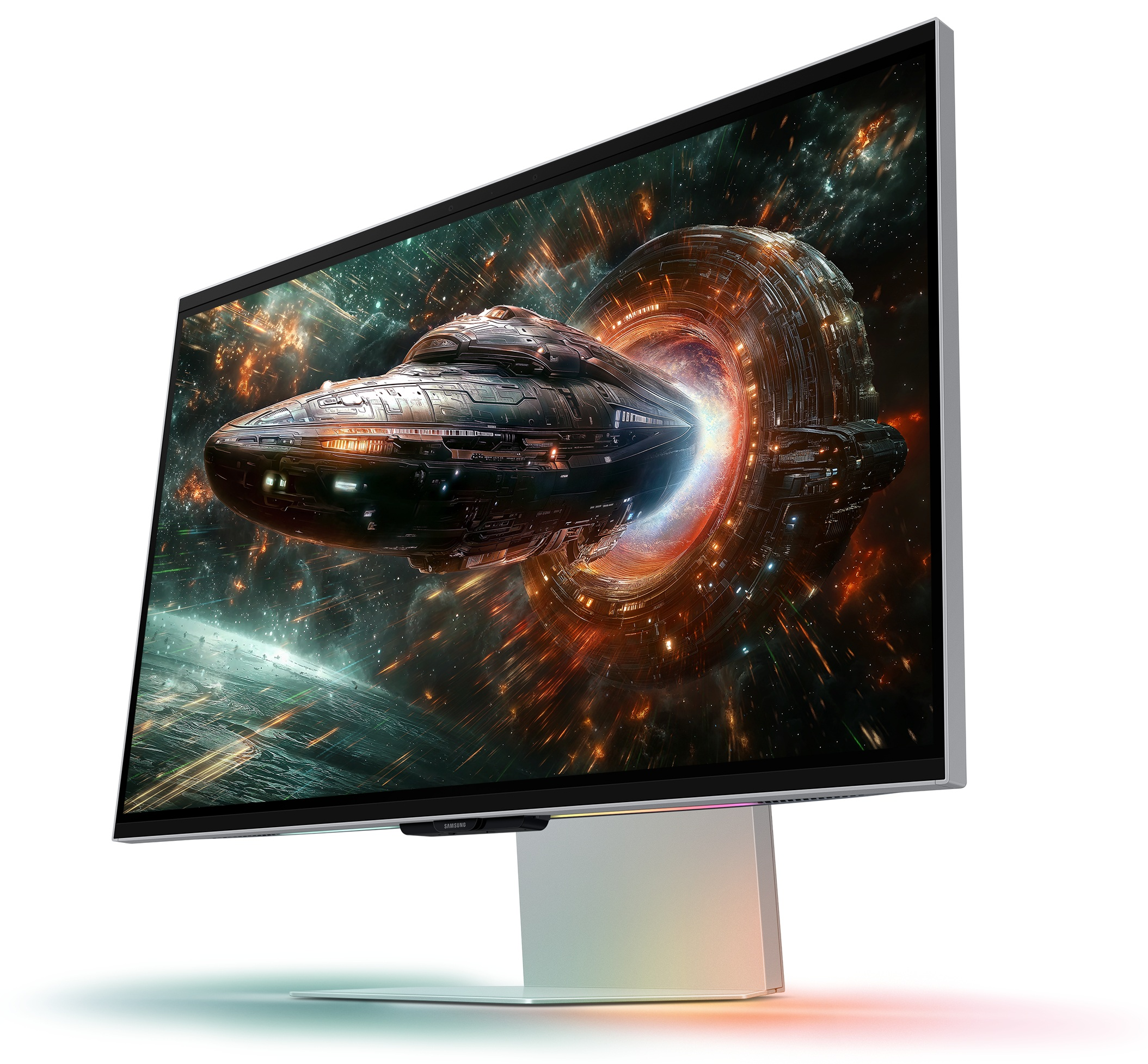 Ekran telewizora z futurystycznym statkiem kosmicznym wyłaniającym się z portalu. Biała podstawa, widok pod kątem.