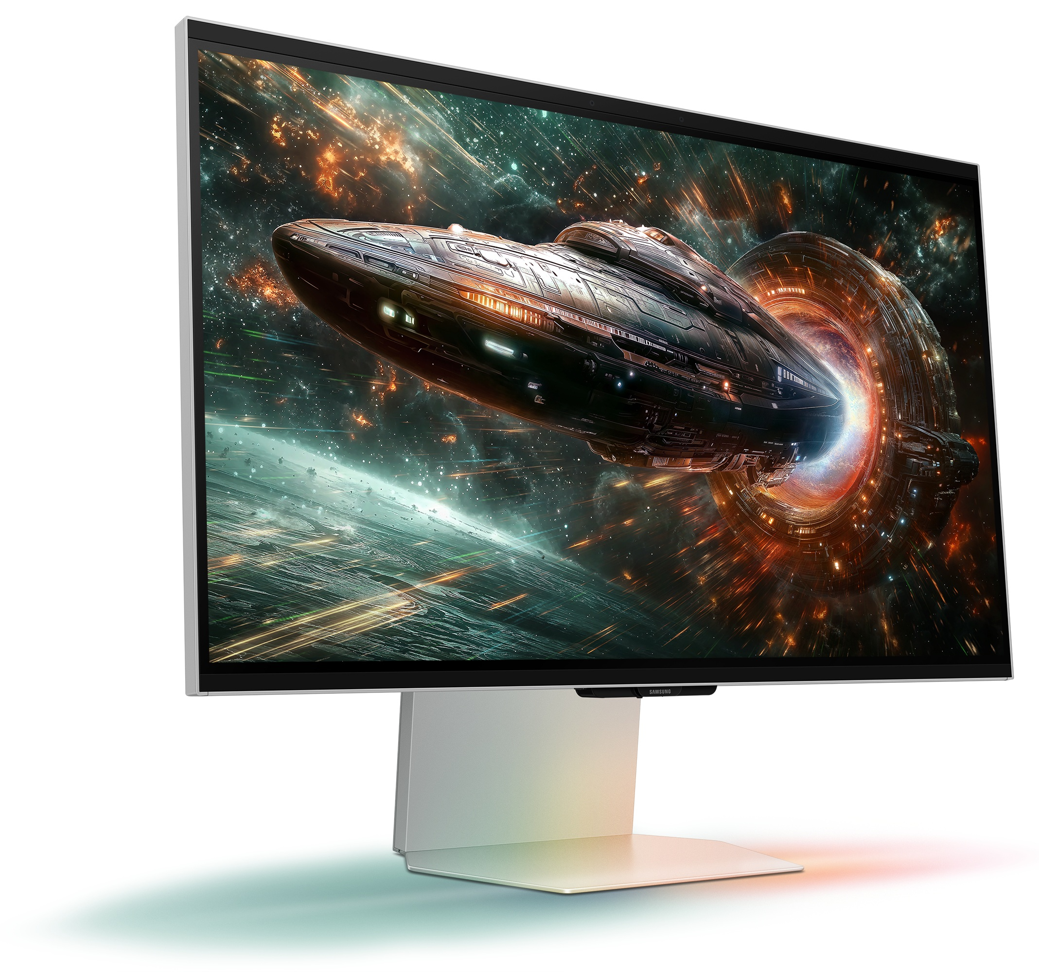 Monitor komputera z wyświetlaną sceną sci-fi.