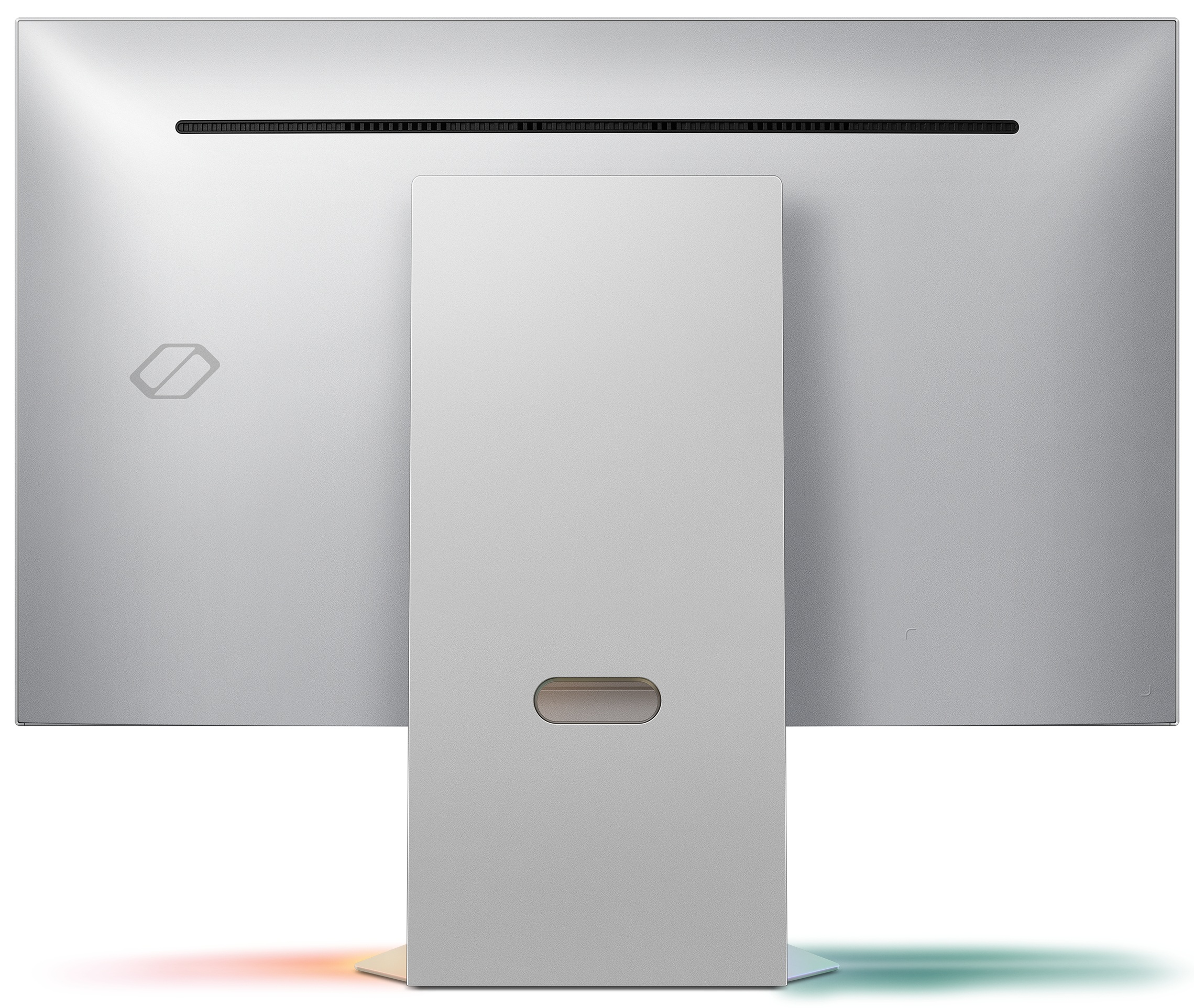 Widok z tyłu srebrnego monitora komputera ze stojakiem i logo.