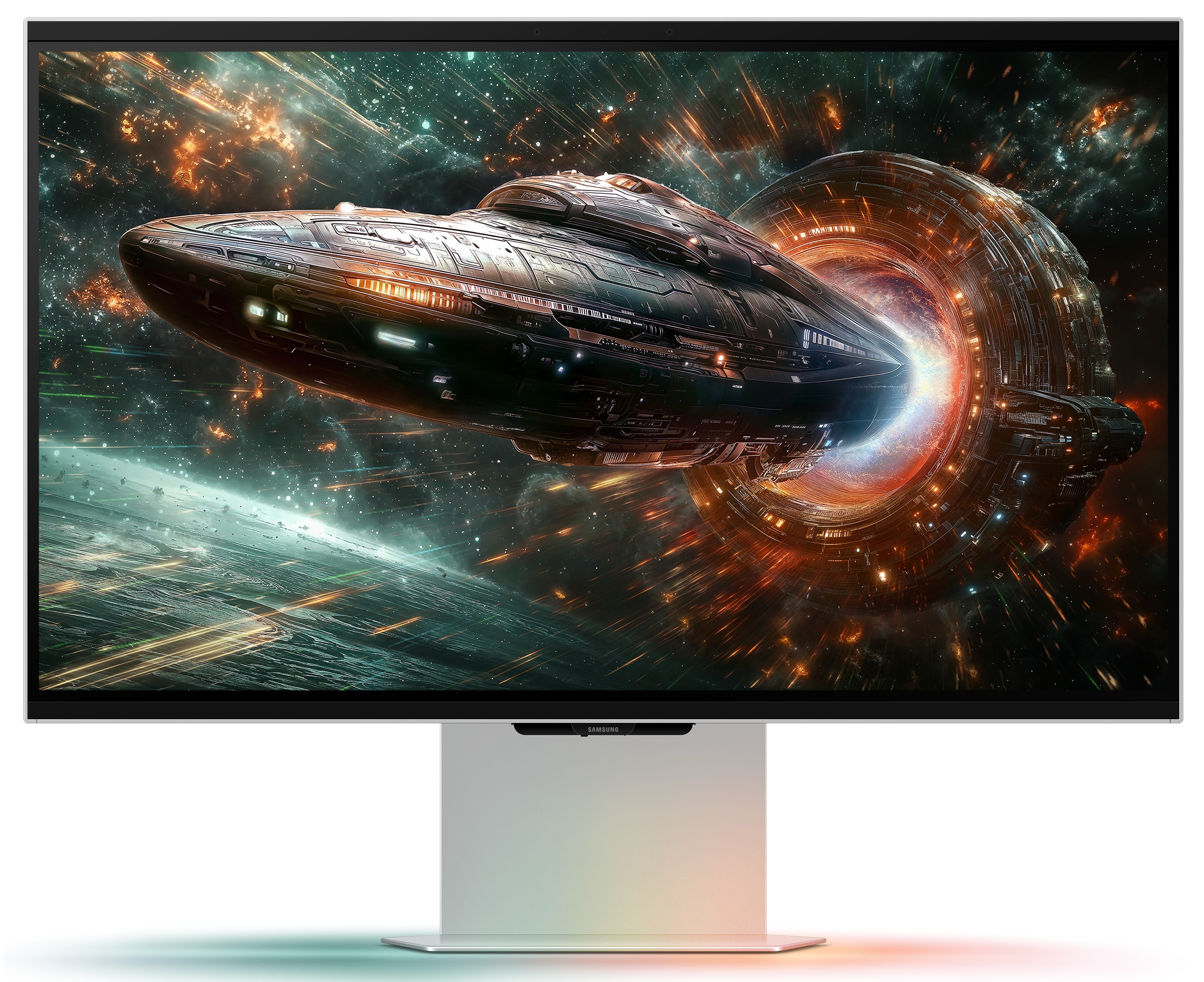 Duży telewizor z płaskim ekranem z sceną statku kosmicznego, zamontowany na srebrnym stojaku.