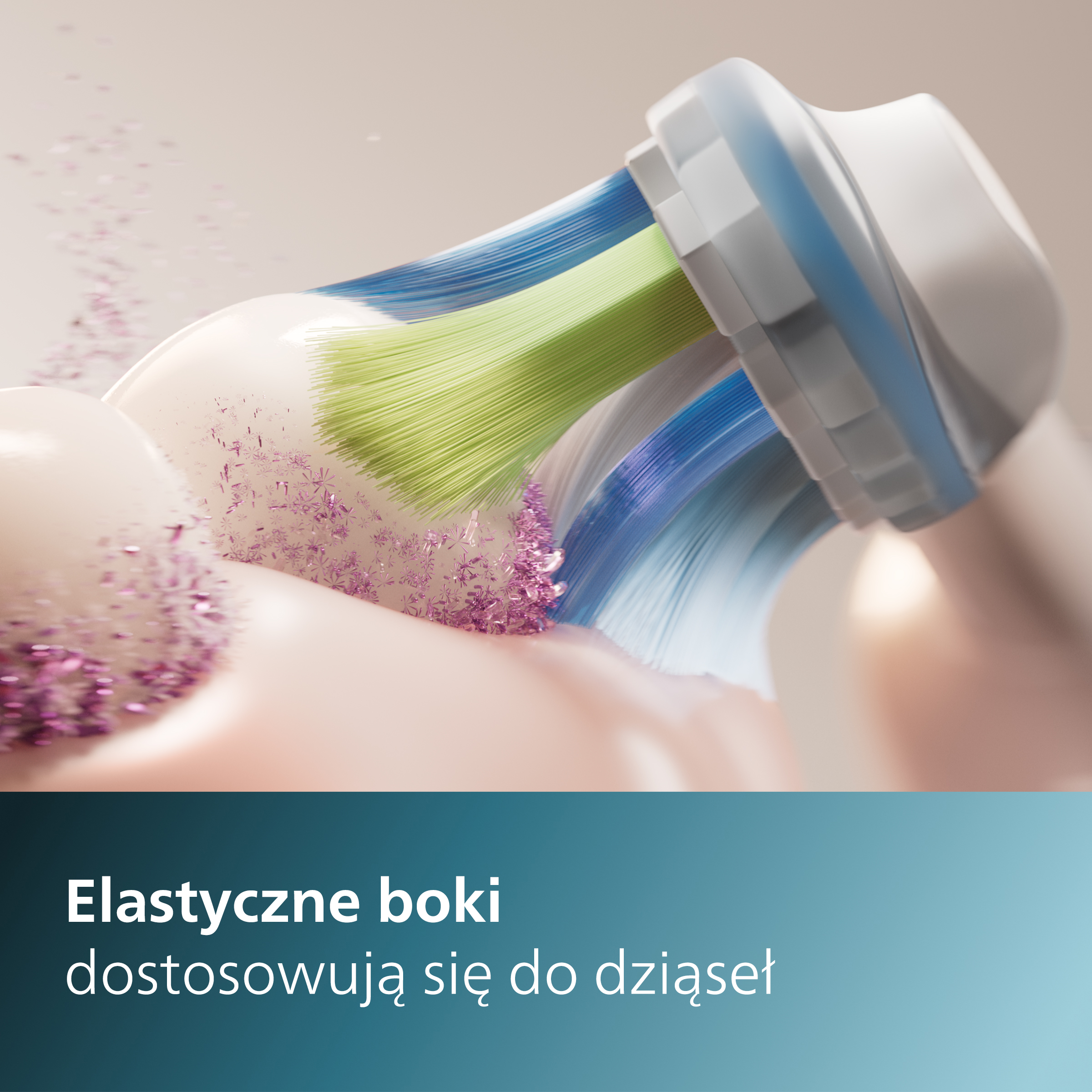 Zbliżenie główki szczoteczki do zębów z zielonym i niebieskim włosiem.