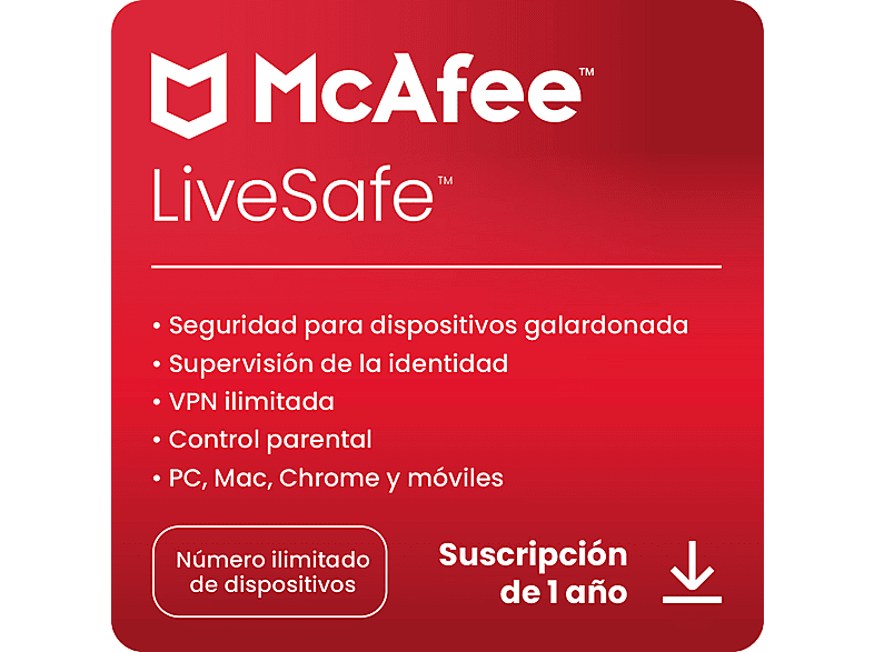 Antivirus - McAfee®+ LiveSafe, Seguridad en Internet para dispositivos ilimitados (Windows®/Mac®/Android/iOS), Suscripción 1 año, Código de descarga