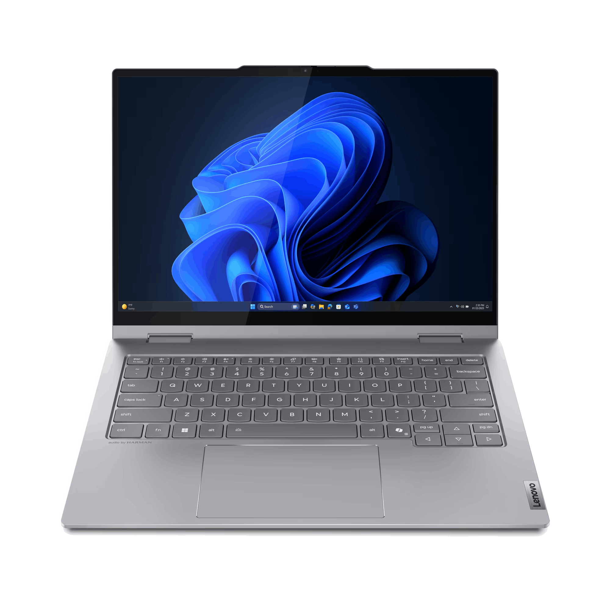 Un portátil Lenovo plateado con una pantalla grande que muestra un diseño abstracto azul.