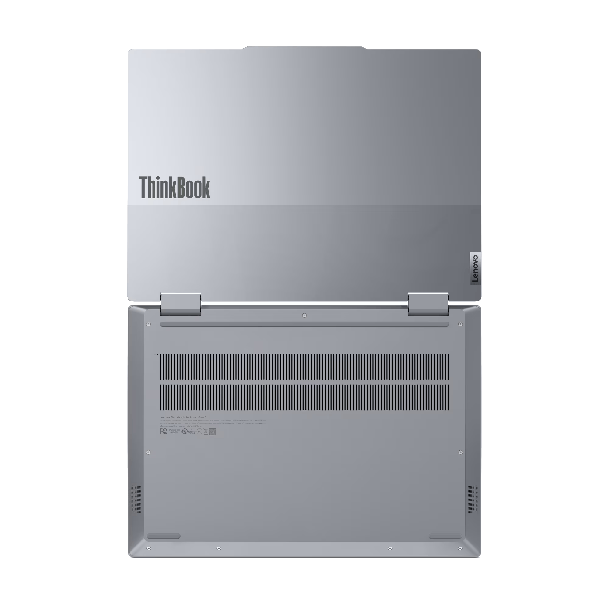 Portátil gris con el logo ThinkBook en la parte superior, mostrando la parte inferior con ventilación y puertos.