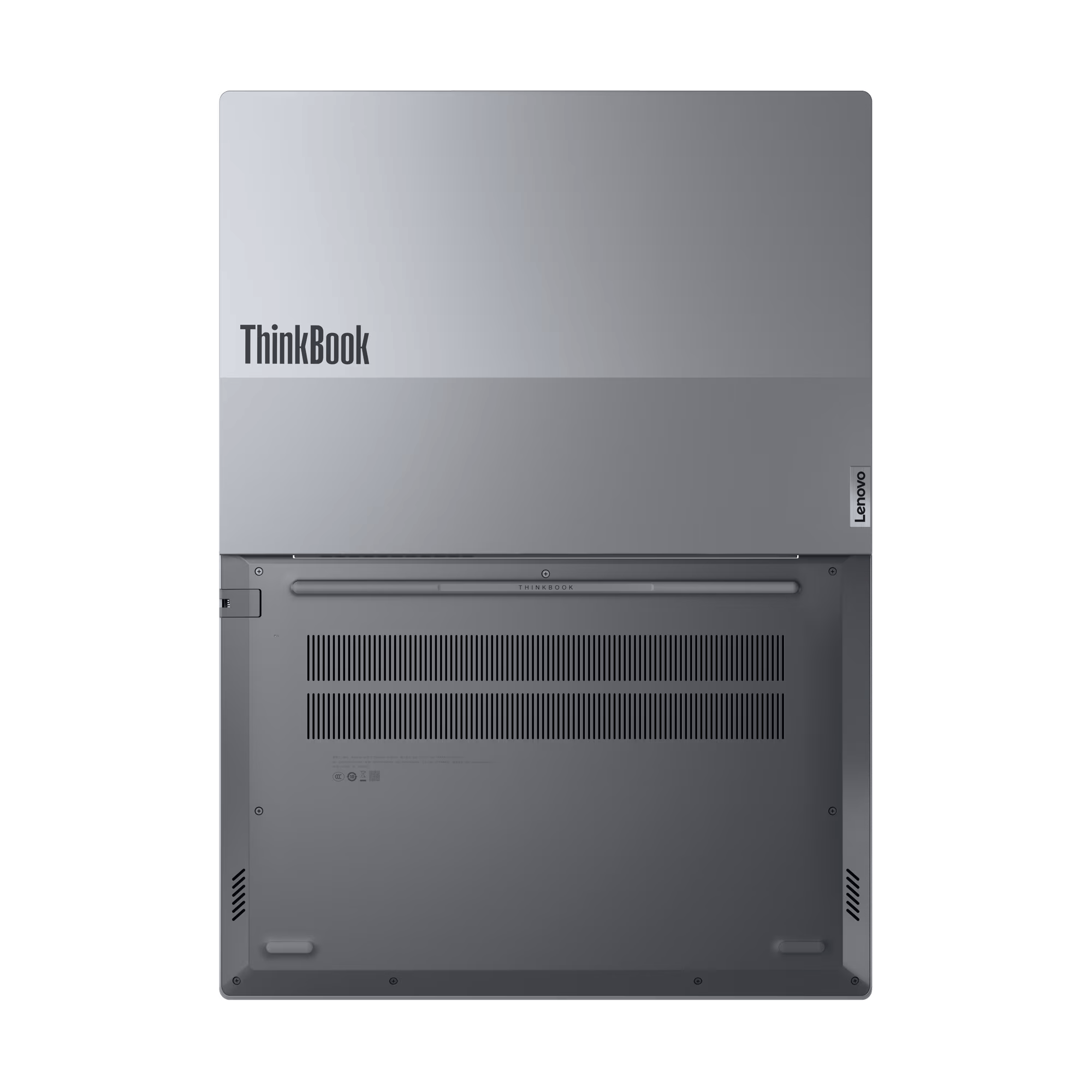 La mitad inferior del portátil es gris oscuro; la superior es gris claro con texto ThinkBook.