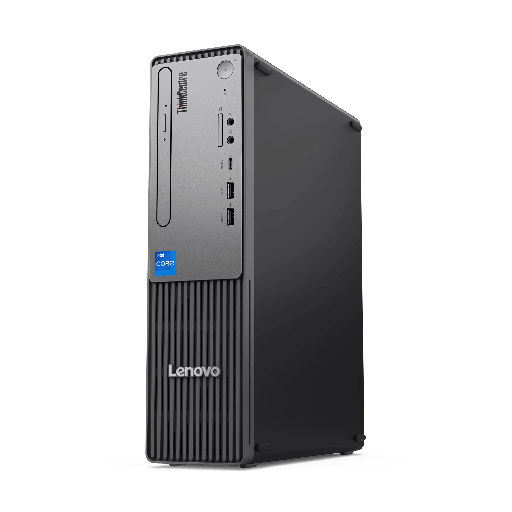Un ordenador de sobremesa Lenovo negro y gris.