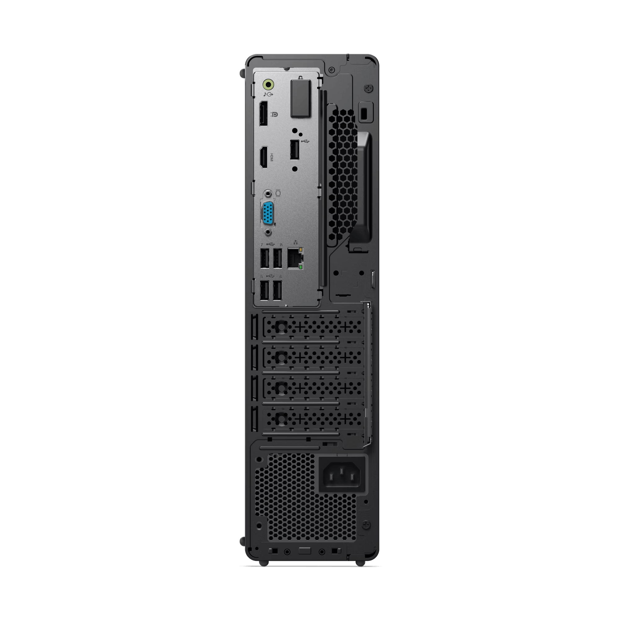 La parte trasera de una computadora negra con varios puertos y un asa, sobre un fondo negro.