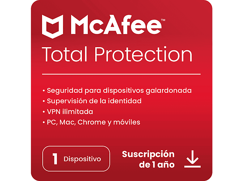 Antivirus - McAfee® Total Protection, Seguridad en Internet para 1 dispositivo (Windows®/Mac®/Android/iOS), Suscripción año, Código de descarga