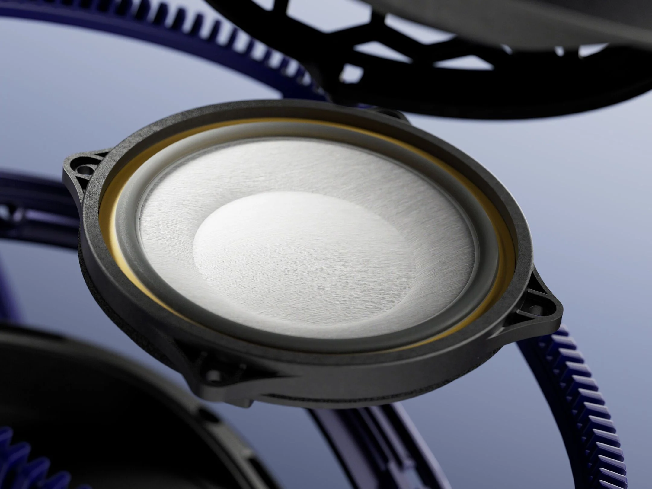 Zbliżenie głośnika, z niebieskimi i białymi elementami.