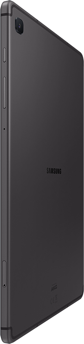 Sötétszürke tablet kamera és logóval. Oldalnézet, fehér háttérrel.