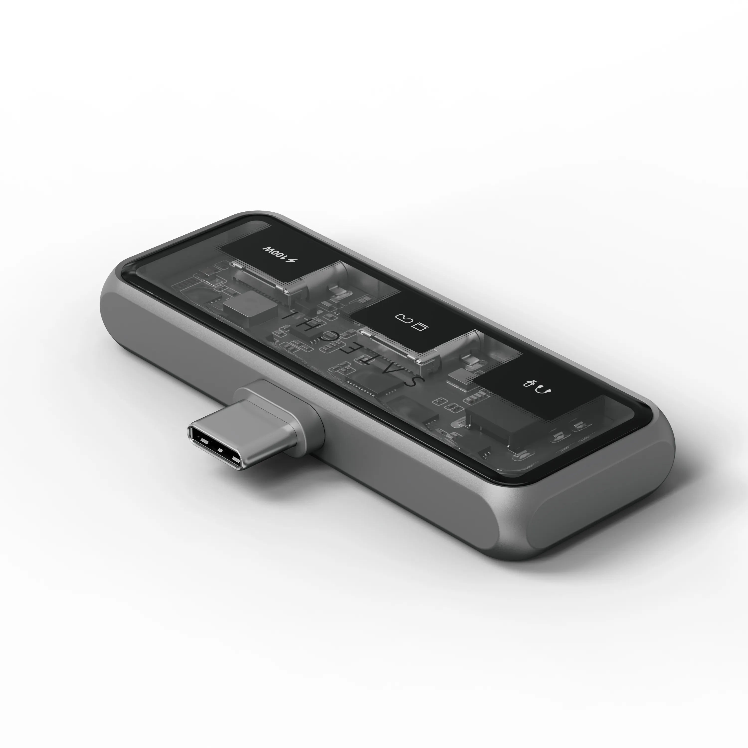 Grauer USB-C-Hub mit Blick auf die inneren Komponenten. Der Hub hat einen USB-C-Anschluss.