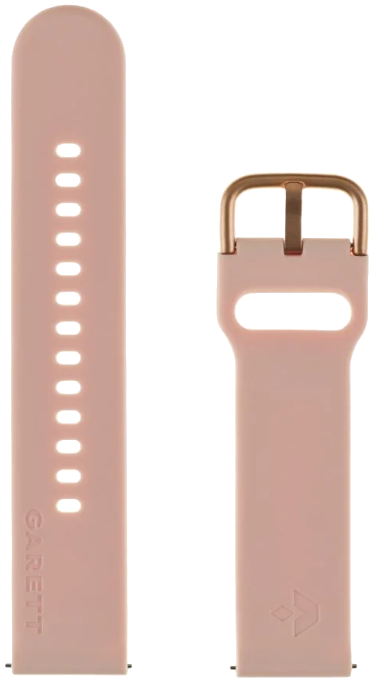 Różowy pasek do zegarka. Ma otwory i złotą klamrę z napisem 'GARETT'.