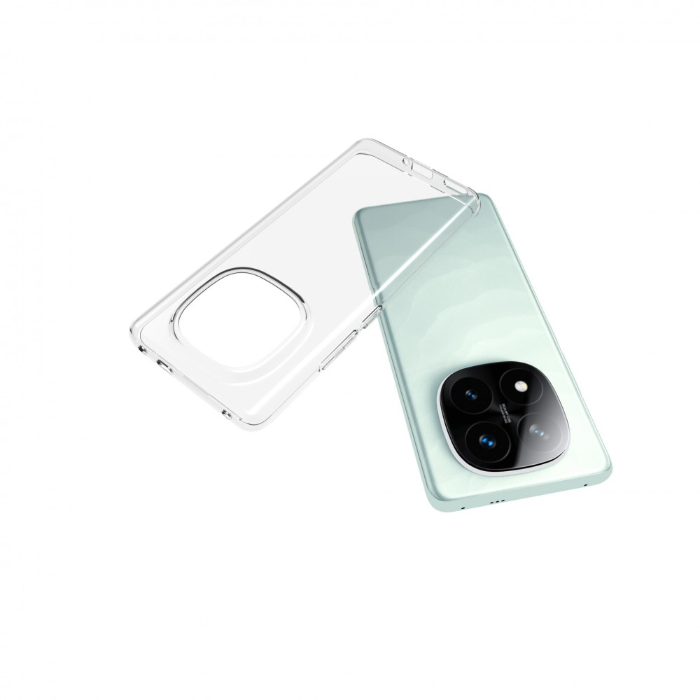 Egy átlátszó telefontok egy zöld telefon mellett, a hátsó kamerarendszert mutatva.