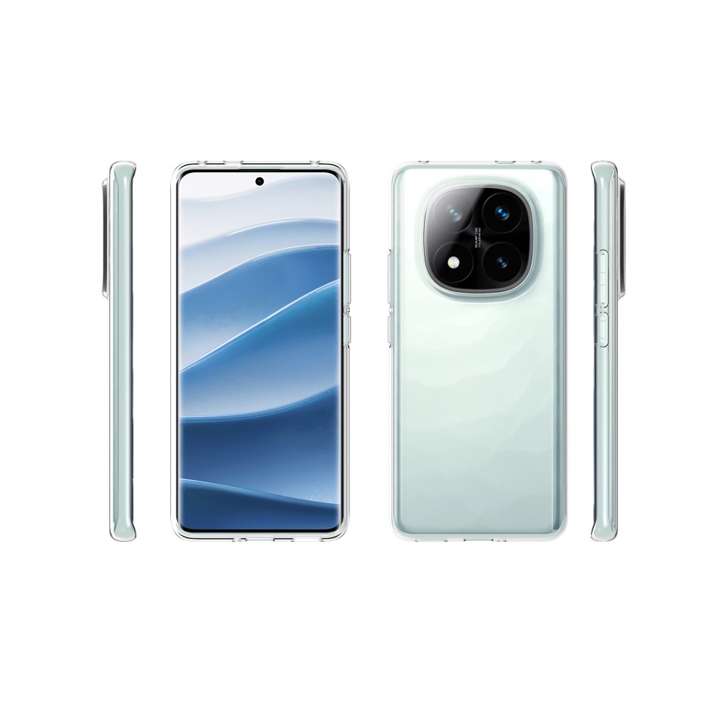 Telefon átlátszó tokban, több szögből, fehér háttér előtt.