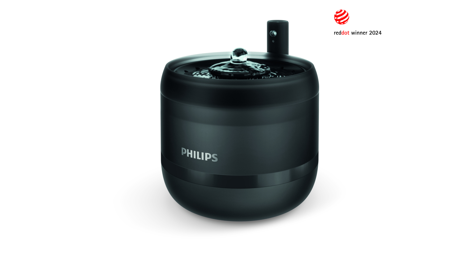 Fuente de agua para mascotas Philips negra con una insignia de ganador Red Dot.