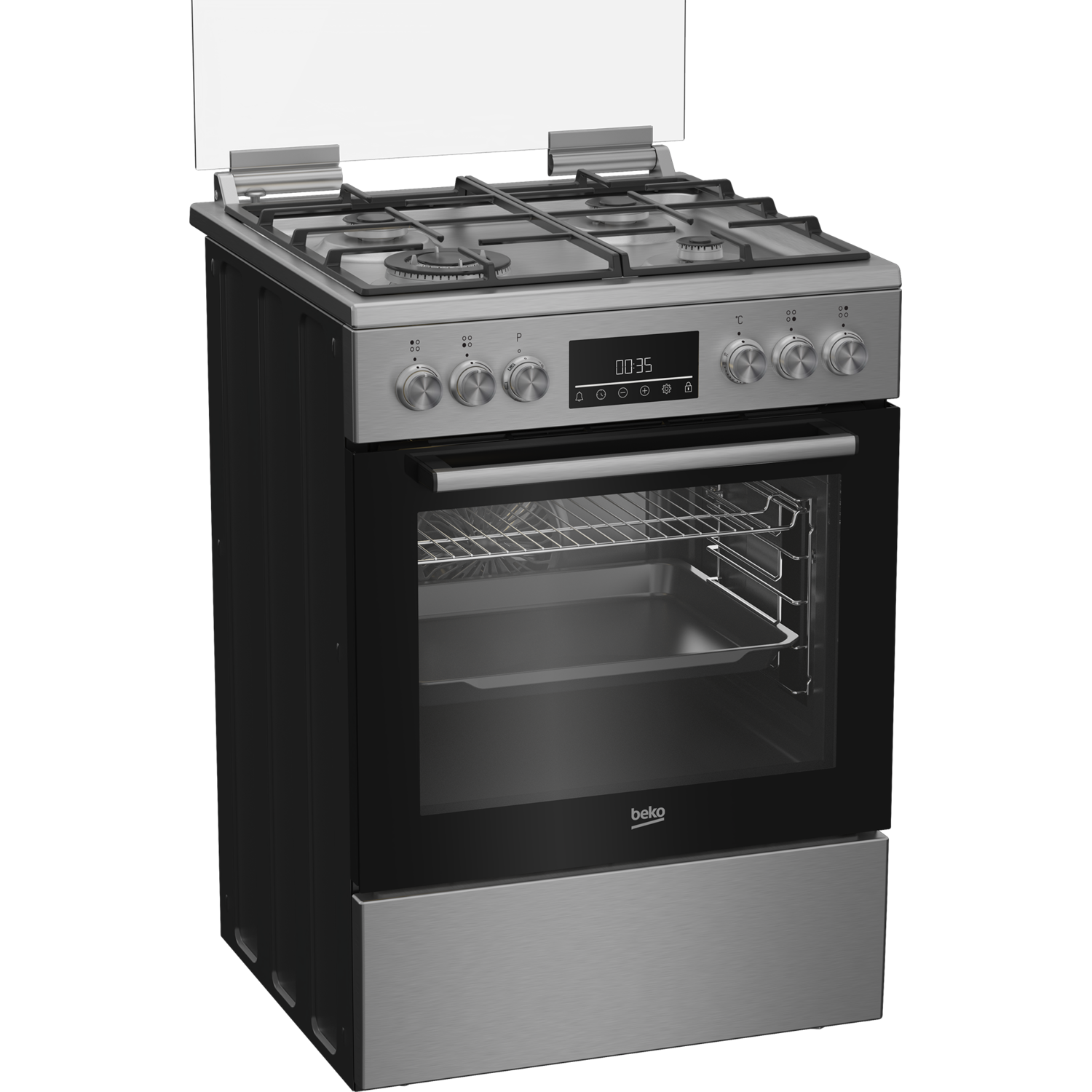 Zilveren en zwart gasfornuis en oven. Knoppen, digitaal display en ovendeur. Zwarte achtergrond.