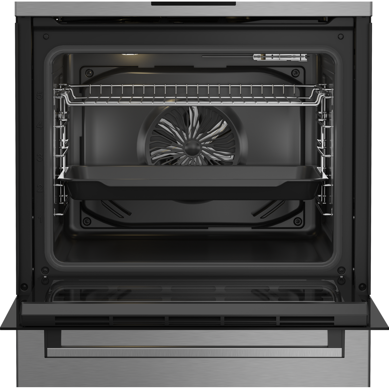 Oveninterieur met rek en ventilator. Open deur toont de binnenkant van de oven.