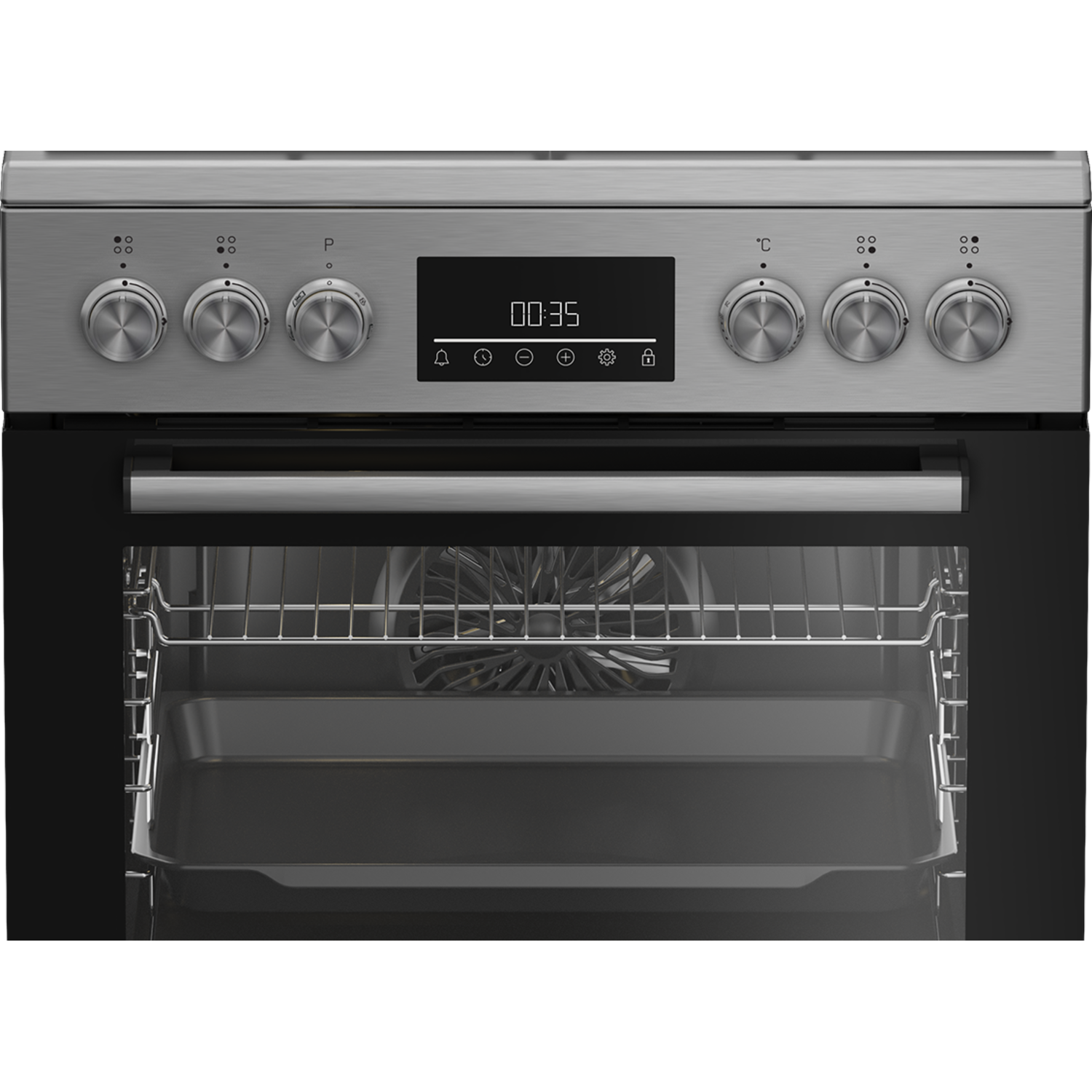 Roestvrijstalen oven met digitaal display met 00:35 en bedieningsknoppen.
