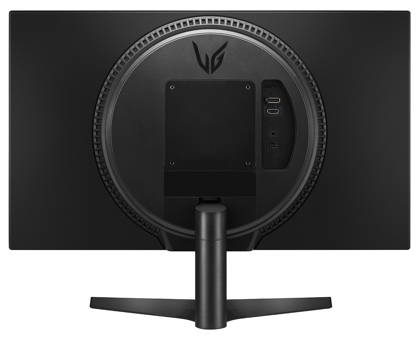 Widok z tyłu monitora LG, pokazujący porty, mocowanie i podstawę.