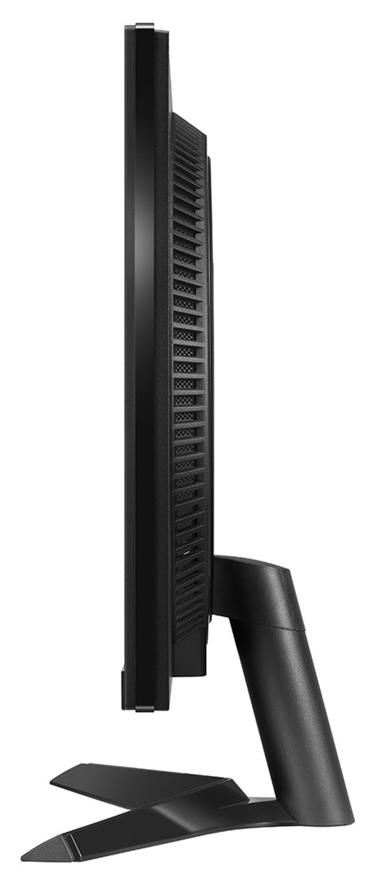 Widok z boku monitora LG, pokazujący smukły profil i podstawę.