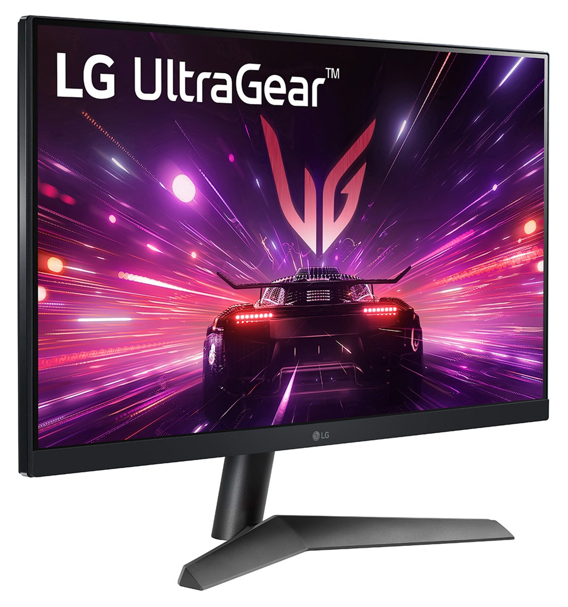 Monitor LG UltraGear z grą wyścigową na ekranie. Czarna ramka i podstawa, widok pod kątem.