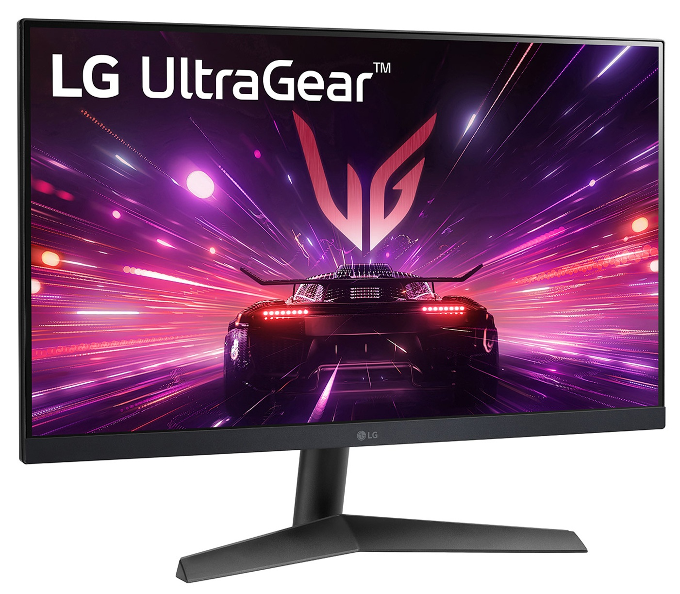 Monitor LG UltraGear wyświetla scenę wyścigu samochodowego. Monitor ma czarną podstawę i ramę.
