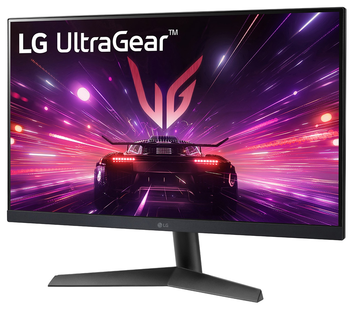 Monitor LG UltraGear wyświetla scenę wyścigu samochodowego. Monitor ma czarną podstawę i ramę.