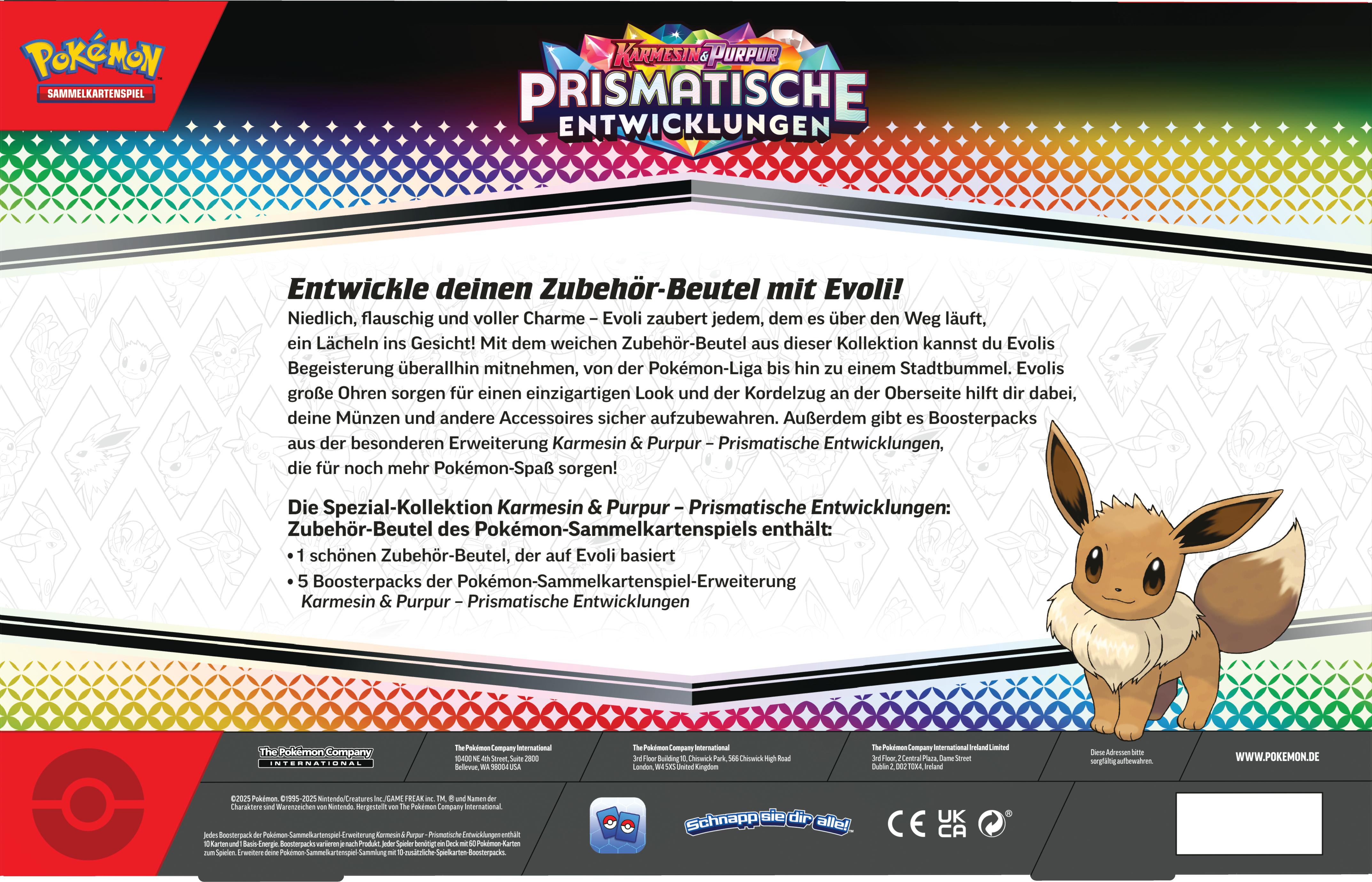 Rückseite eines Pokémon-Karten-Packs. Evoli ist abgebildet, Text auf Deutsch.