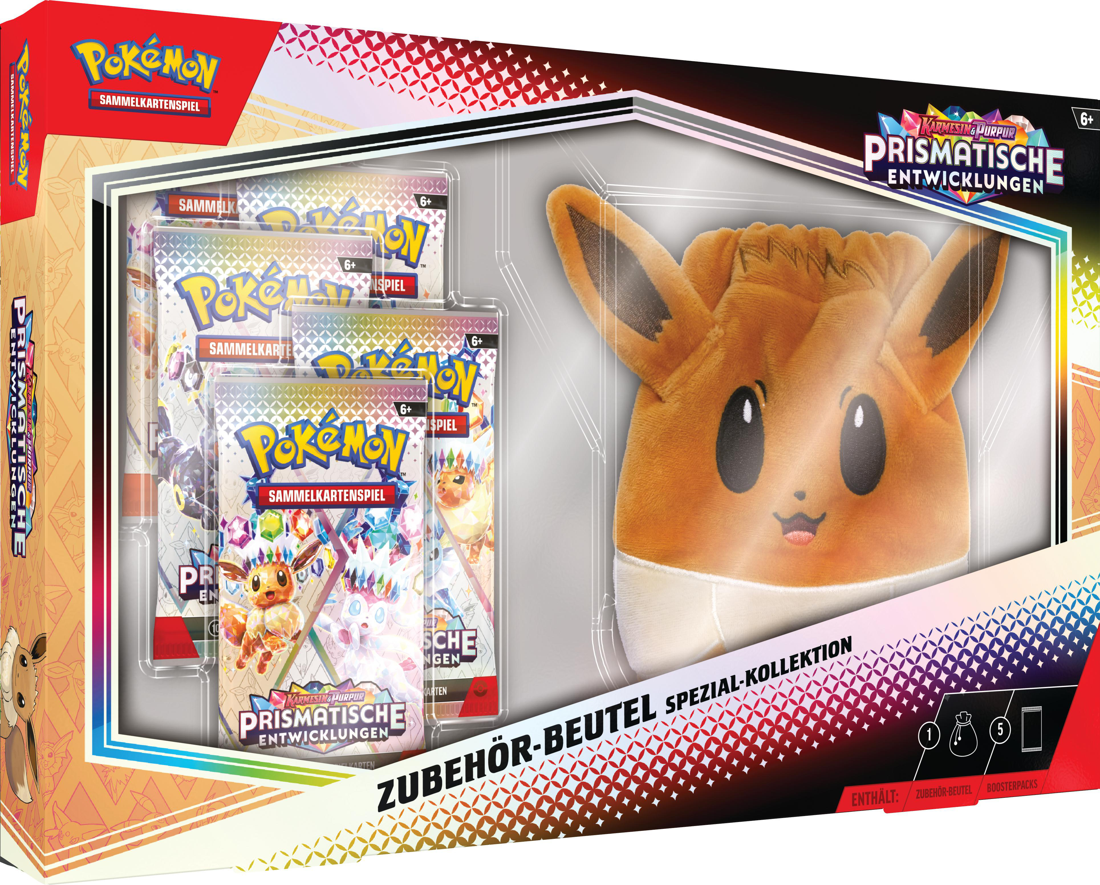 Eine Pokémon-Sammelbox mit einem Evoli-Plüschtier.