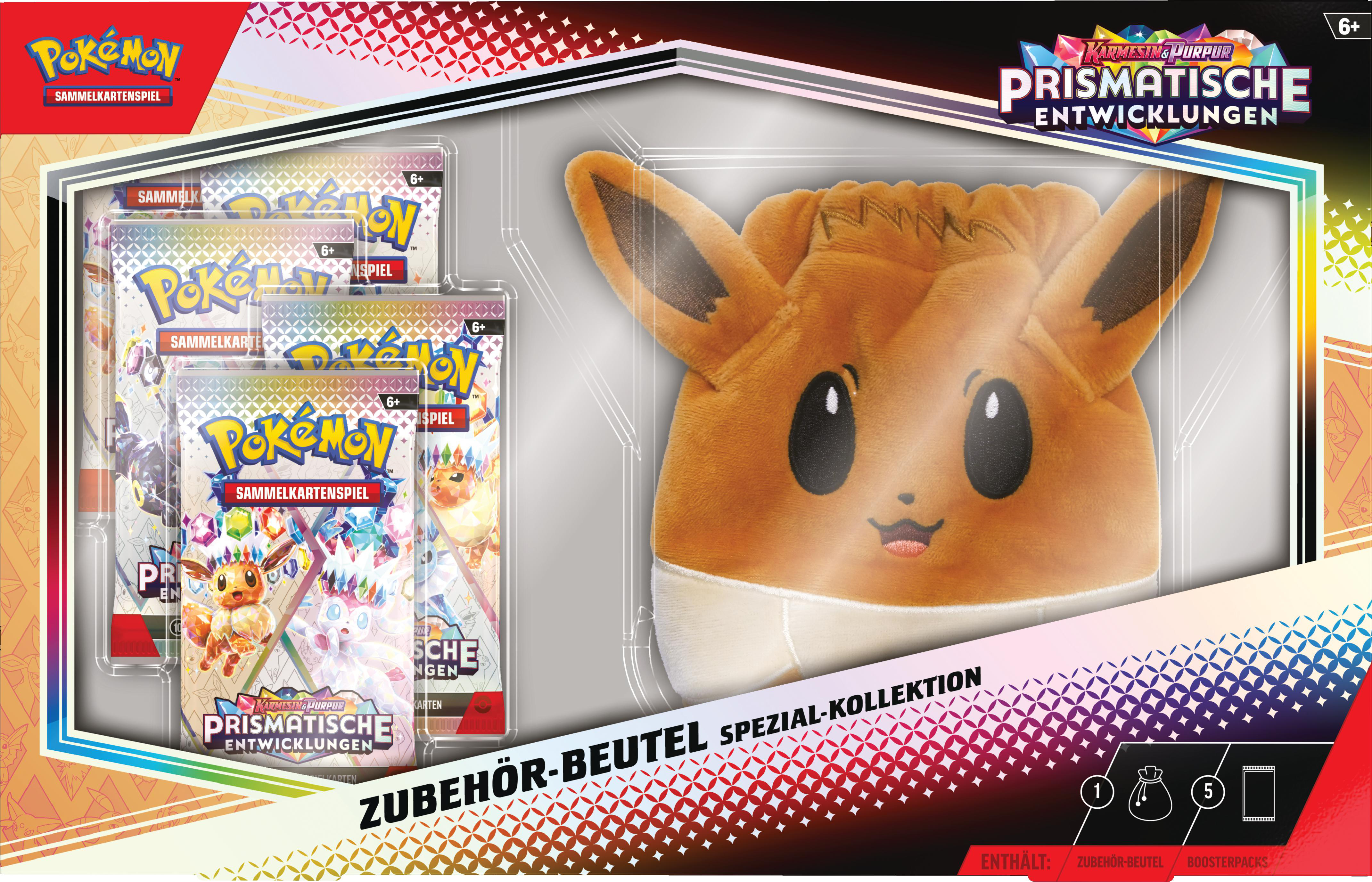 Pokemon-Sammelkartenspiel-Set. Enthält Kartenpackungen und einen Evoli-Plüschbeutel.