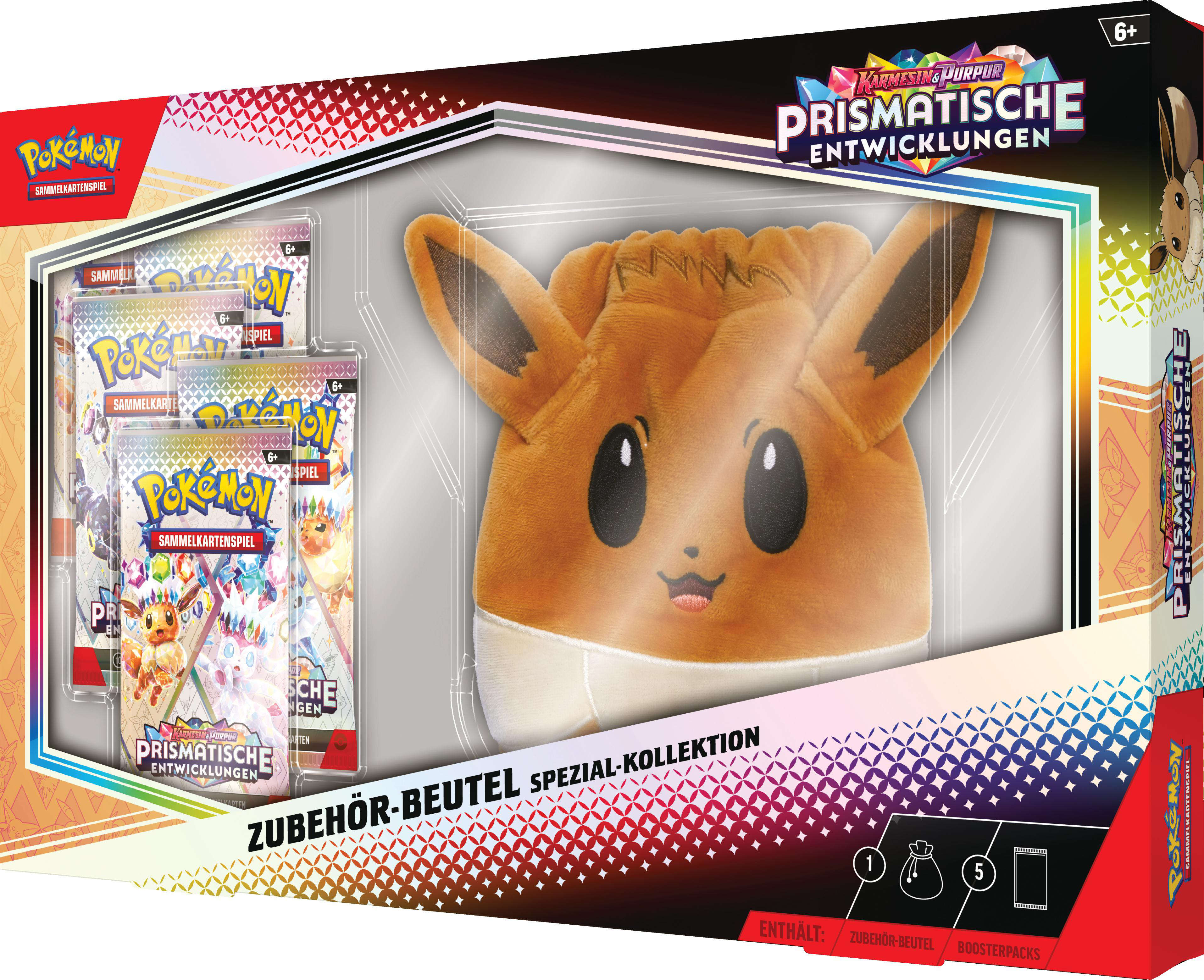 Pokemon-Zubehörbox mit Evoli-Plüsch, Booster-Packs. Hintergrund: weiß, buntes Regenbogen-Design.