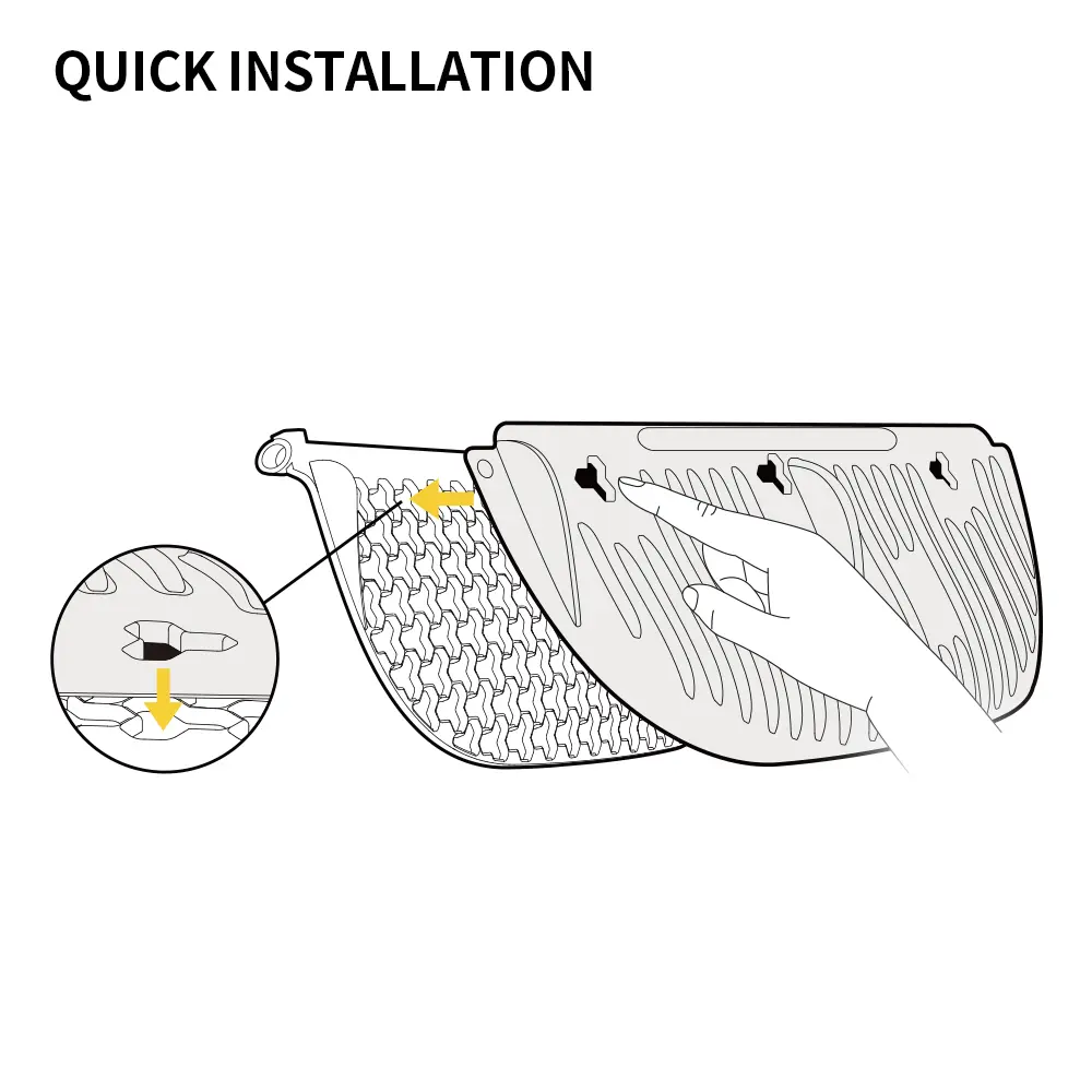 Diagramm, das die Schnellinstallation zeigt, mit Hand, die auf ein Teil zeigt, und einem vergrößerten Bereich.