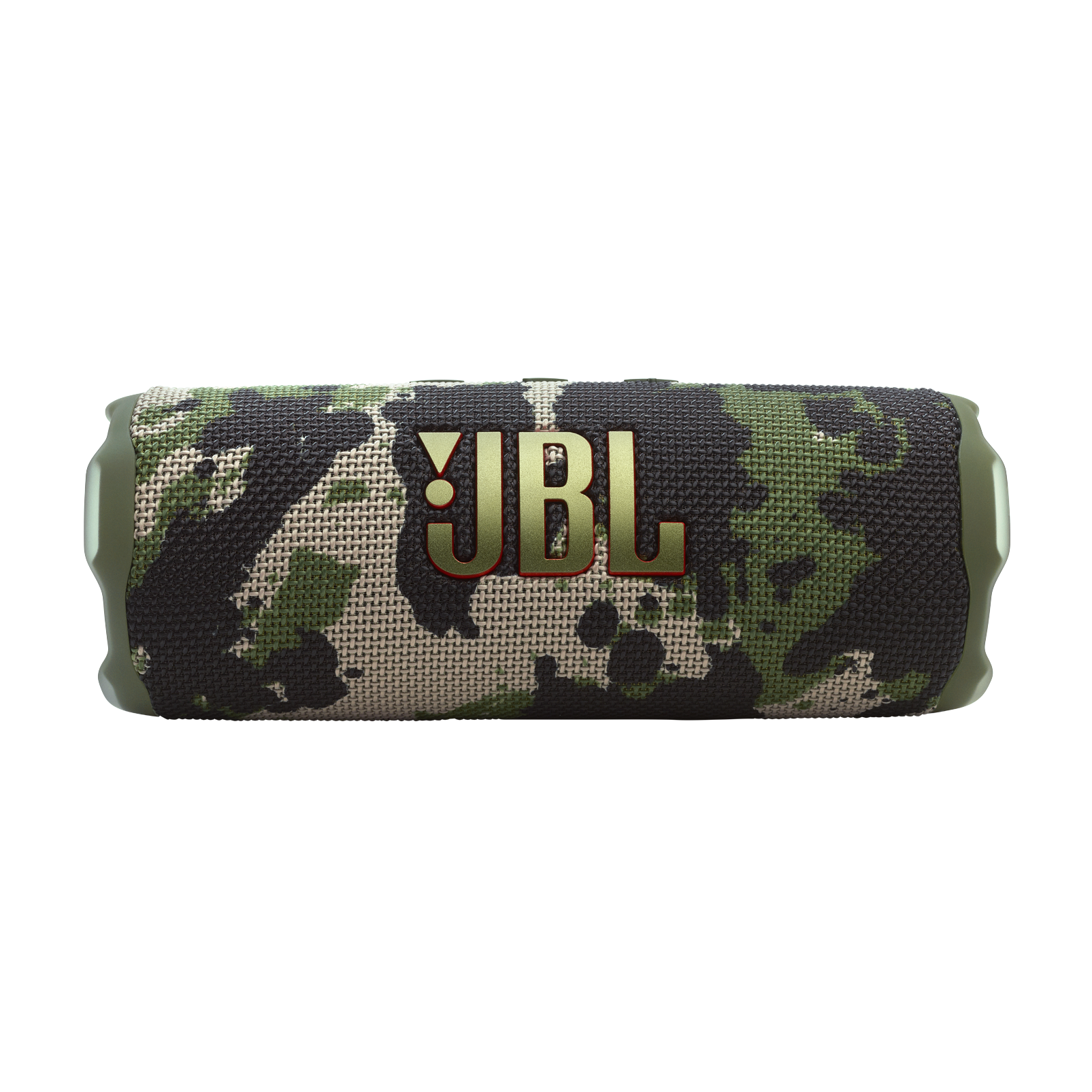Siyah bir arka plan üzerinde JBL kamuflaj desenli taşınabilir hoparlör.