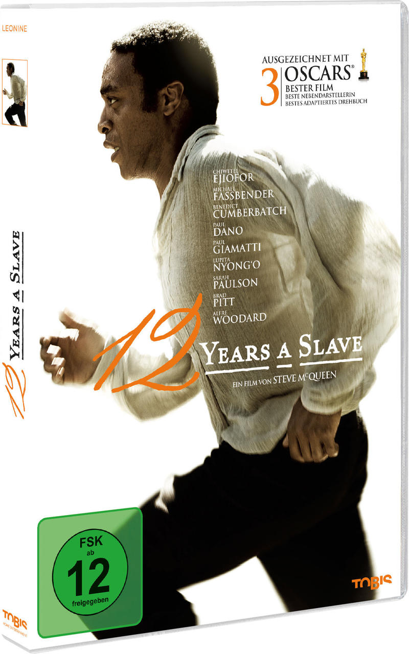 Filmcover für '12 Years a Slave', mit einem rennenden Mann, Filmdetails und Logos.
