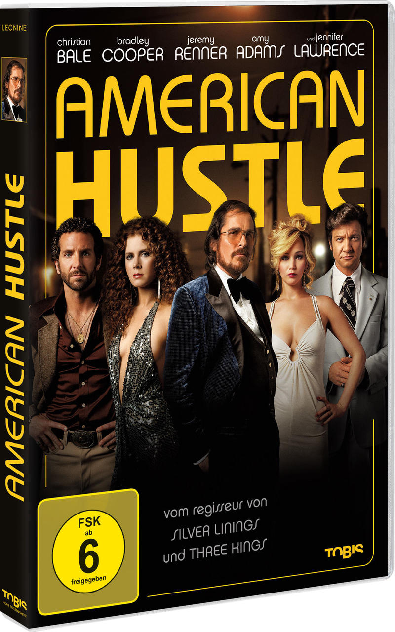 DVD-Cover von 'American Hustle'. Filmplakat mit Schauspielern, schwarze Hülle, Text und Bewertungen.