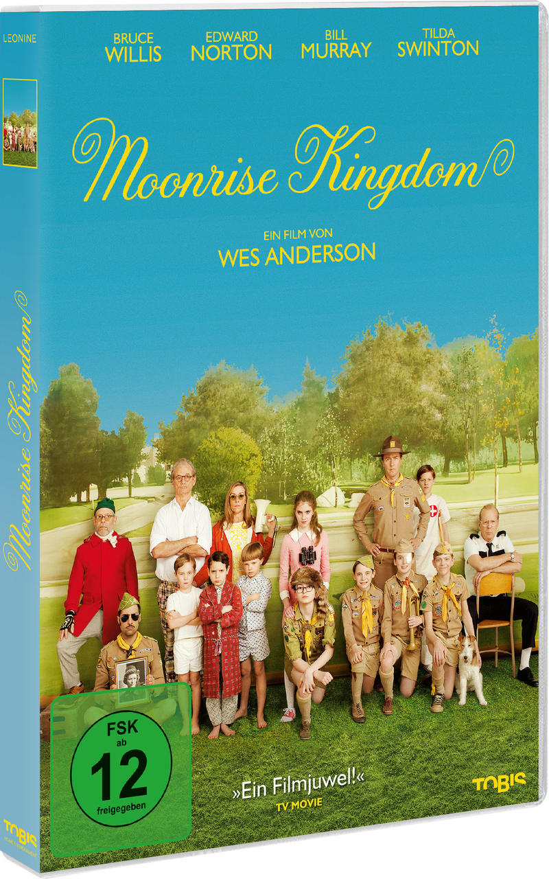 Blu-ray-Filmhülle für "Moonrise Kingdom" mit Fotos der Besetzung und Titel.