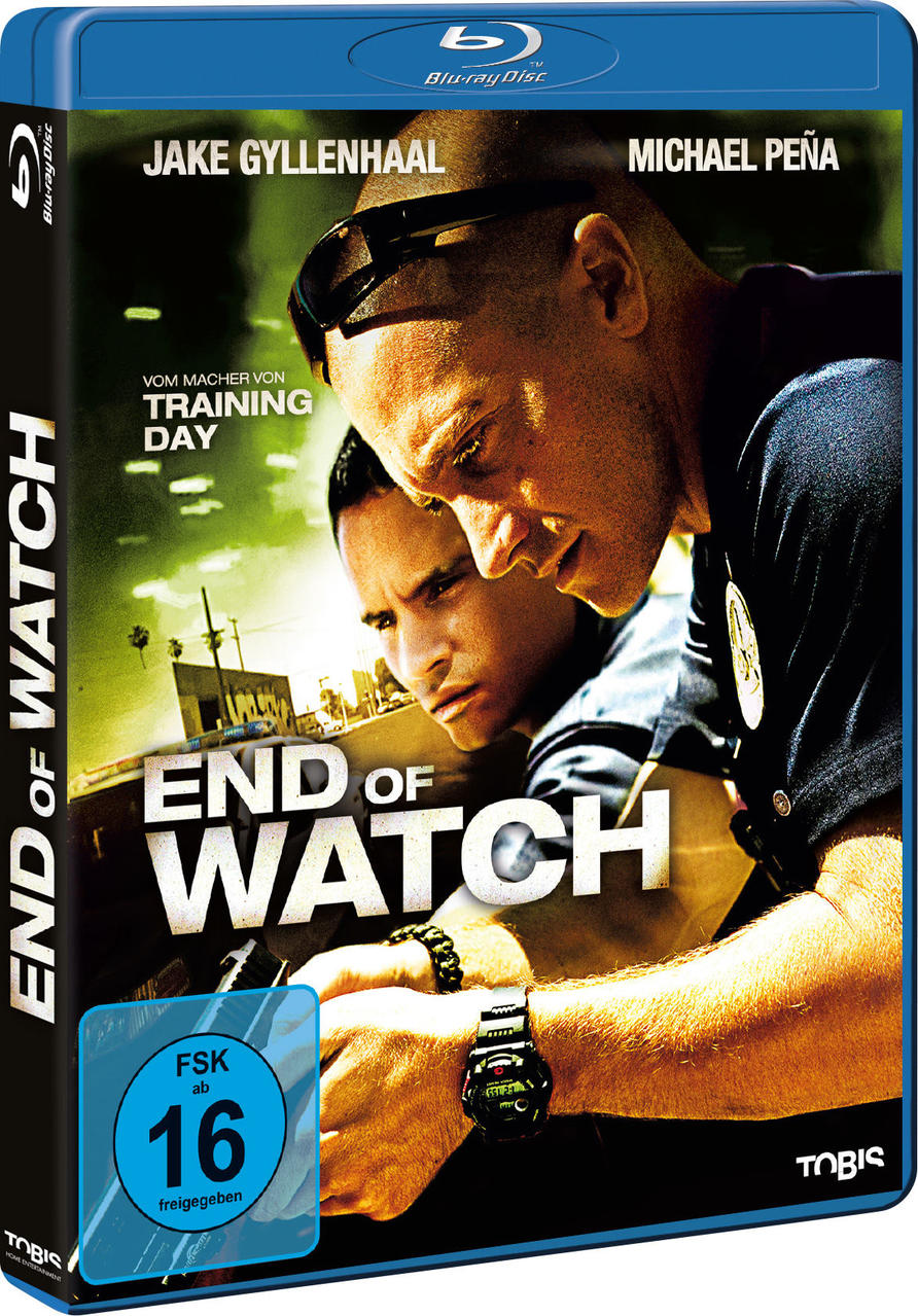 DVD-Cover von 'End of Watch'. Zwei Männer in Polizeiuniformen. Text und Bewertungsetiketten.