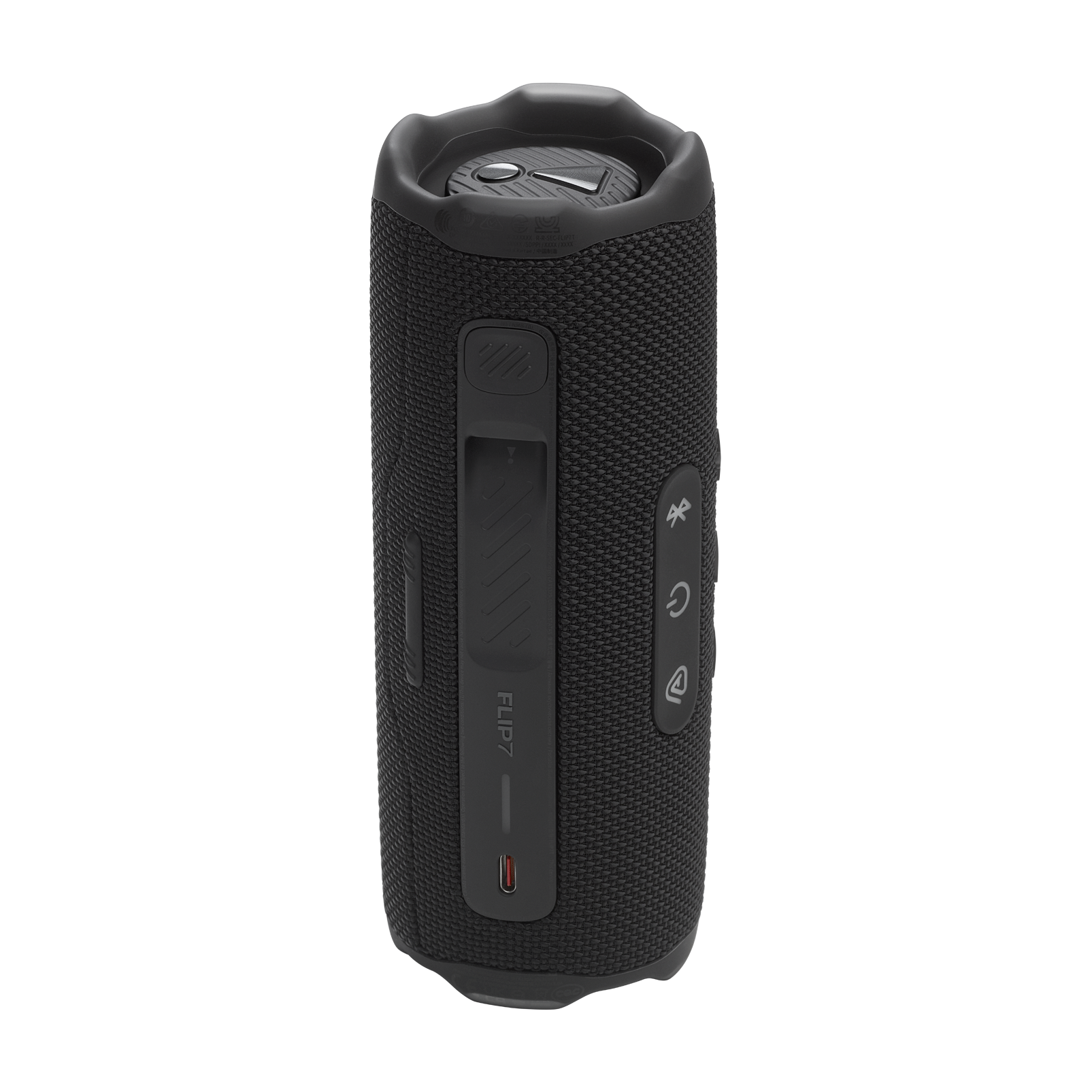 Siyah JBL Flip 7 hoparlör, düğmeler ve şarj portu görünüyor.