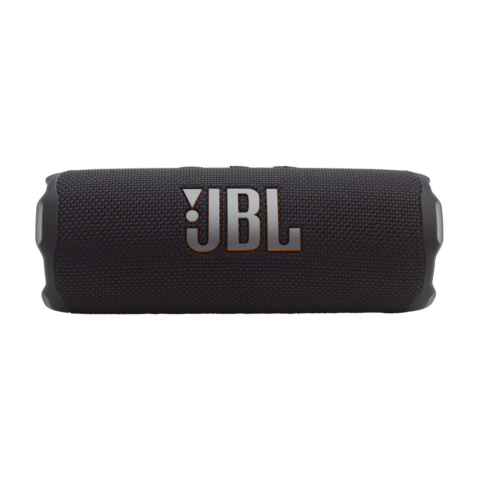 Siyah JBL hoparlör siyah arka planda. JBL logosu turuncudur.