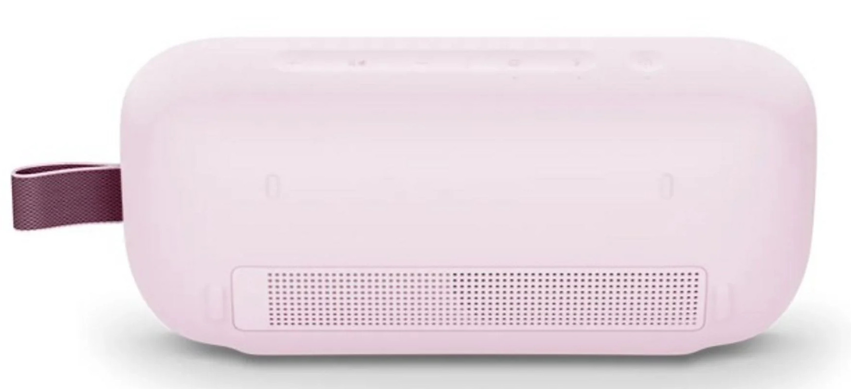Różowy, prostokątny głośnik z uchwytem po lewej stronie i kratką głośnika.