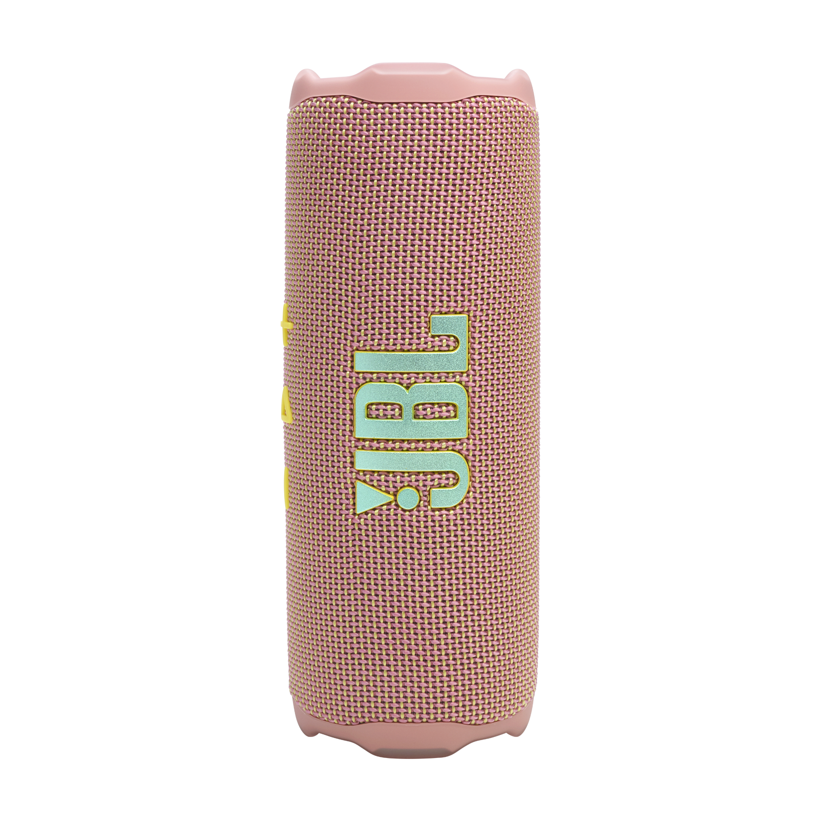 Turkuaz JBL logosu ile pembe silindirik JBL hoparlör. Siyah zemin.
