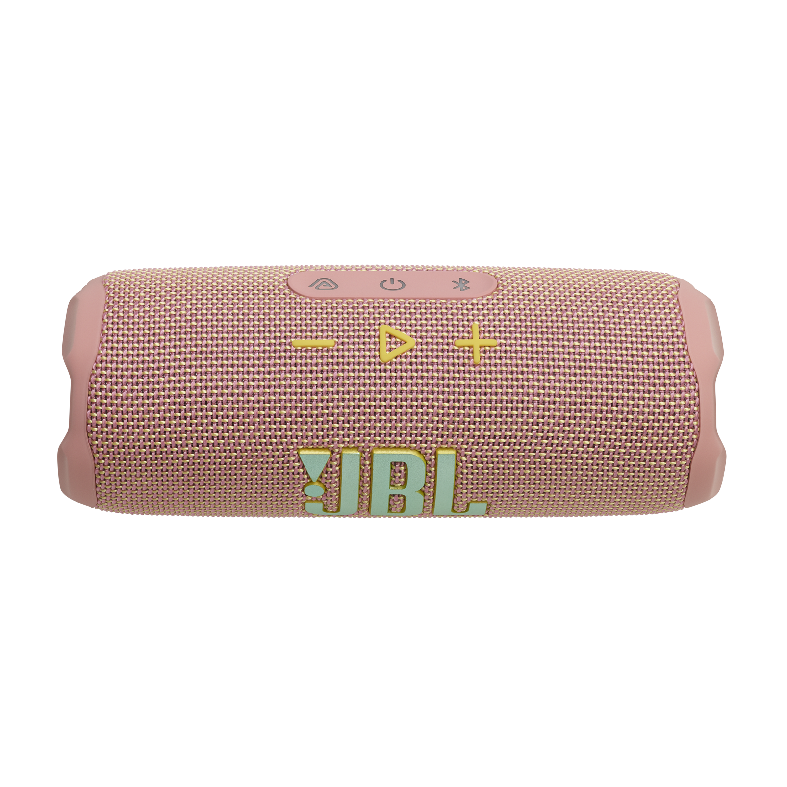 Pembe JBL Charge hoparlör, kontrol düğmeleri ve JBL logosu, düz bir arka plan üzerinde.
