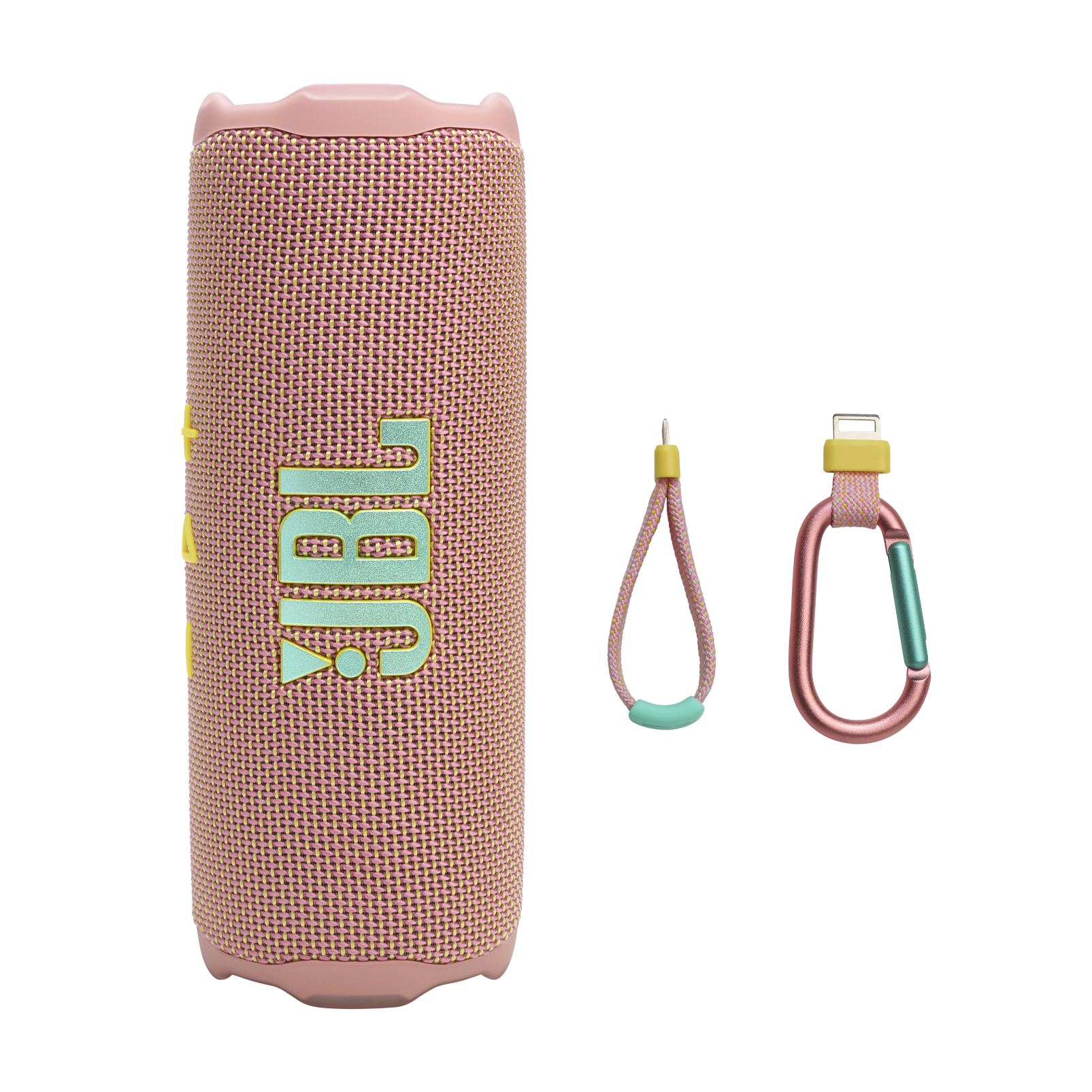 Pembe JBL hoparlör, turkuaz ve pembe aksesuarlarla.